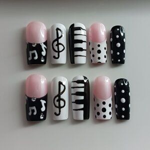 Black and White Piano Music Notes Design with Polka Dots Handmade Press on Nails